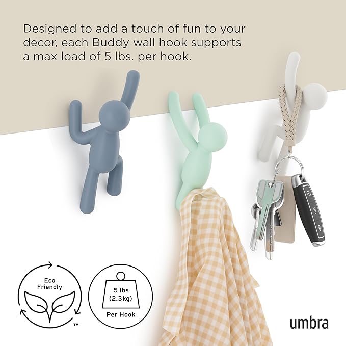 Umbra Buddy Wall Hooks – Decorative Wall Mounted Coat Hooks for Hanging Coats, Scarves, Bags, Purses, Backpacks, Towels and More, Set of 3, Light Multicolored