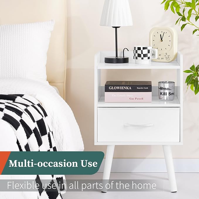 Yoobure Modern Nightstand with Drawer, Bedside Tables, Mid Century Nightstands with Open Storage Shelf, Wood Bedside Table, Small Night Stands for Bedrooms, 2-Tier Night Table