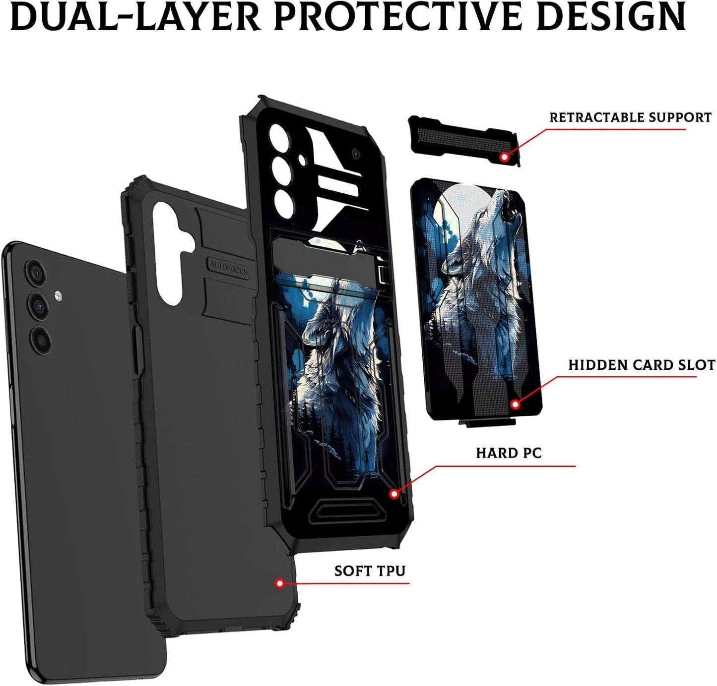 Galaxy A15 5G Wallet Case with Card Holder and Kickstand, Dual Layer Heavy-Duty Shockproof Case, Roaring Wolf