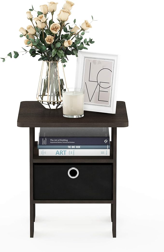 Furinno ANDREY Side Table, End Table, Night Stand with Open Shelves and Storage Bin, Bedside Table, for Living Room, Bedroom, Dark Brown