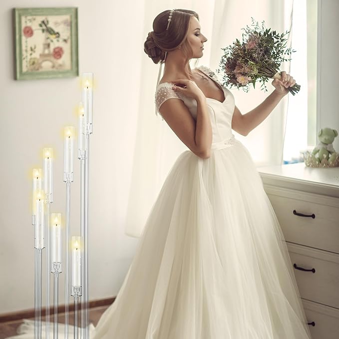 Vesici 2 Pcs 8 Arm Acrylic Candelabra Centerpieces for Tables 49.6 x 11 Inch Candlesticks Holder Clear Acrylic Candle Holder for Wedding Ceremony Floor Home Dinner Party, Fit 0.8" LED Candle