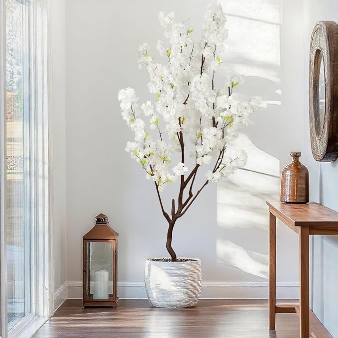 7.2ft Tall Artificial White Cherry Blossom Tree Indoor Decor, Fake Silk Flower Cherry Tree Plant Outdoor, Faux Flowering Tree Realistic for Home Living Room Front Door Office