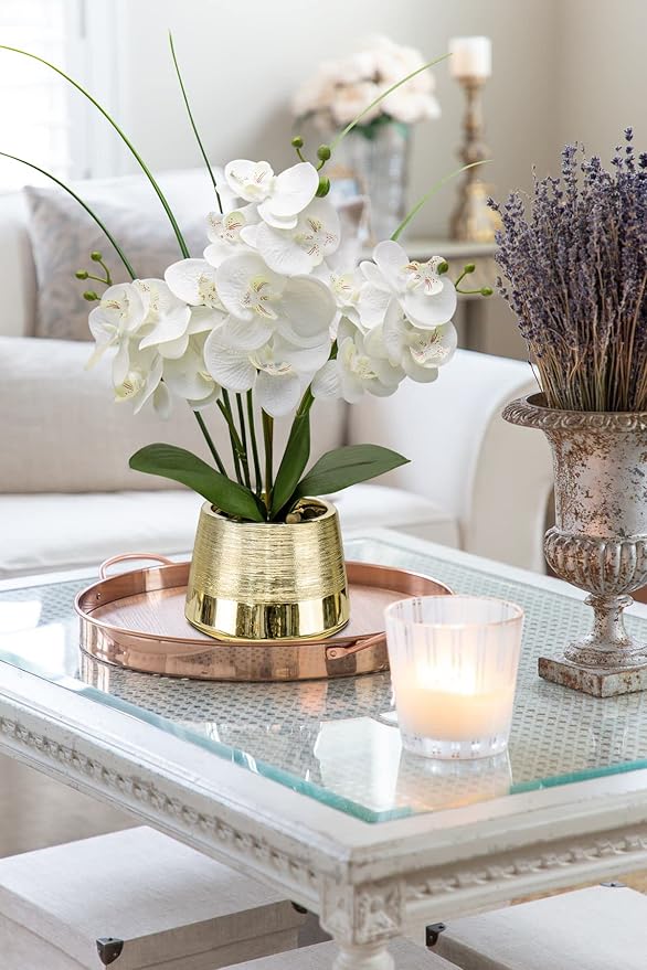 Artificial White Phalaenopsis Orchid Flower Arrangements Faux Orchid Flower in Gold Pot Orchid Centerpiece for Dining Room Table