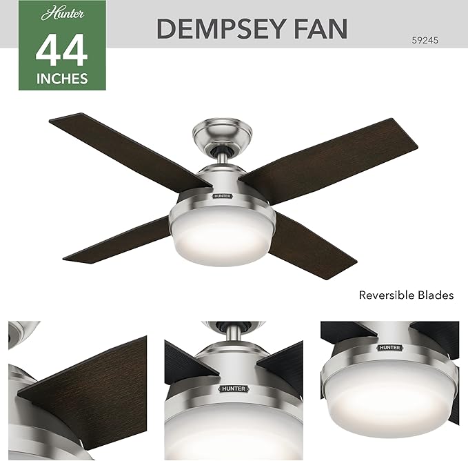 Hunter 44 inch Indoor Ceiling Fan with LED Light and Remote Control - Modern Ceiling Fan, Standard Mount, 4 Blades, For Bedroom, Living Room, or Kitchen, Quiet - Dempsey 59245, Brushed Nickel