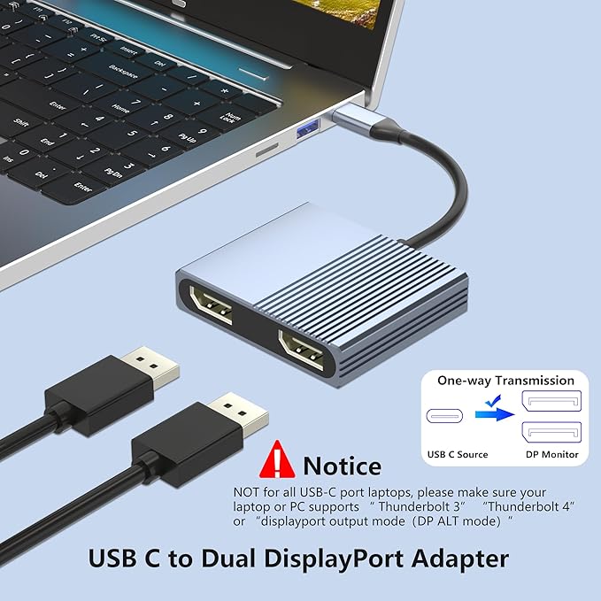 USB C to Dual Displayport Adapter for Mac/Dell/HP Laptop, 4K@60Hz Displayport Splitter 1 in 2 Out for Dual Monitors Extended Display, USB C to Display Port Cable, Dual Monitor Adapter, MST Hub