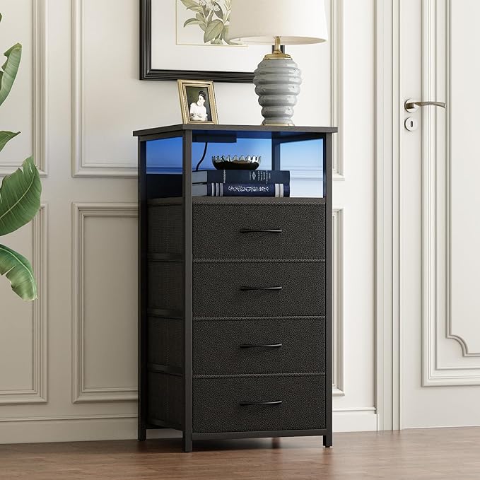 Fixwal Night Stand with Charging Station, Tall Nightstand with U-S-B Ports and Outlets, 4 Fabric Storage Drawers with PU Finish, Small Dresser Bed Side Table, Black