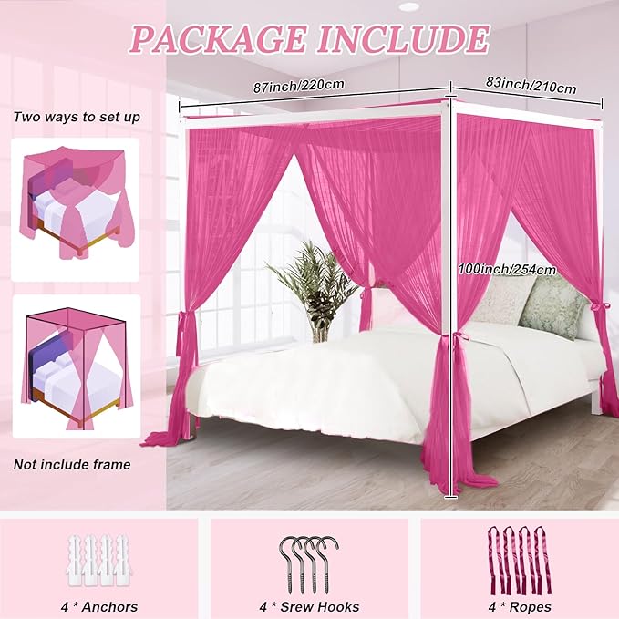 South to East Canopy Bed Curtains, 4 Corner Post Queen Bed Canopy for Girls, Wine Red Bed Drapes for Bedroom, King Canopy Bed Curtain, 100% Ripstop Polyester, Easy Installation, King/Queen Size Rose