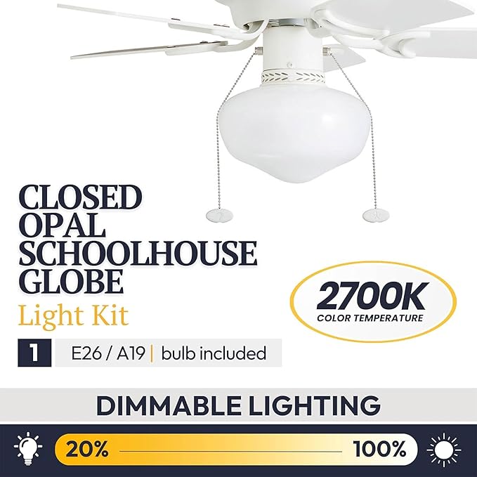 Prominence Home Hero, 28 Inch Traditional Flush Mount Indoor LED Ceiling Fan with Light, Pull Chain, Dual Finish Blades, Reversible Motor - 41530-01 (White)