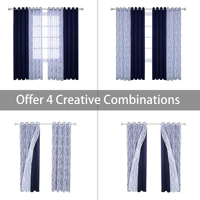 BONZER Mix and Match Curtains - 2 Pieces Branch Print Sheer Curtains and 2 Pieces Blackout Curtains for Bedroom Living Room Grommet Window Drapes, 54x84 Inch/Panel, Indigo, Set of 4 Panels