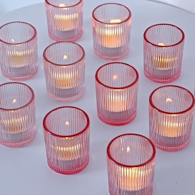 VOHO Pink Candle Holder Set of 12, Ribbed Votive Candle Holders for Pink Room Decor, Tealight Candle Holder Romantic Gifts for Valentine Christmas Decorations(2.1'' x 2.6'')