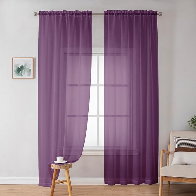 OWENIE Sheer Curtains 72 Inches Long 2 Panels Set, Transparent Light Filtering Plam Sheer Curtain Rod Pocket Clear Drapes for Living Room Bedroom Window Sliding Glass Door, Each 42 x 72 Inch, Plam