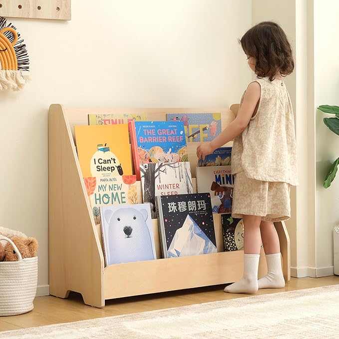 OOOK Kids Bookshelf, Wooden 4-Tier Front Facing Book Display Shelf for Kids, Toddler Montessori Bookshelf for Classroom, Playroom, Nursery
