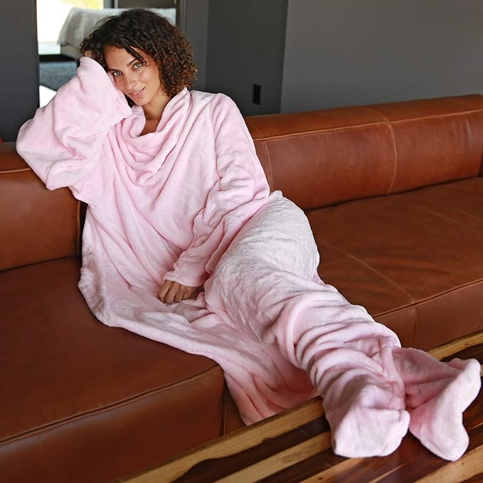 Catalonia Pink Wearable Fleece Blanket with Sleeves and Foot Pockets for Adult Women Men, Micro Plush Comfy Wrap Sleeved Throw Blanket Robe