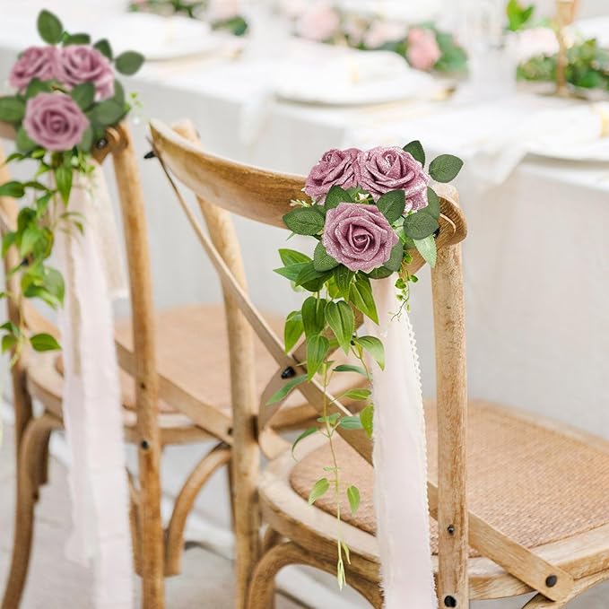 MACTING 30PCS Mothers Day Pink Artificial Flowers Glitter Fake Flowers with Stem Real Touch Foam Roses for DIY Wedding Bouquet Table Centerpieces Party Wreath Home Spring Decorations