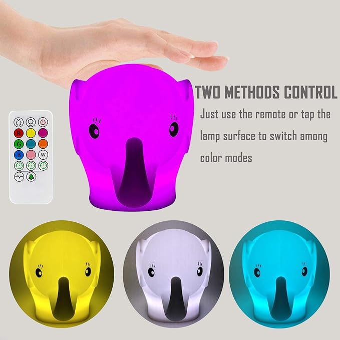Night Light Kids with Cute Elephant Design Children's Room LED Bedside Lamp with Changeable RGB Colors Rechargeable Night Light Compatible with Touch-Control & Remote Control - Elephant