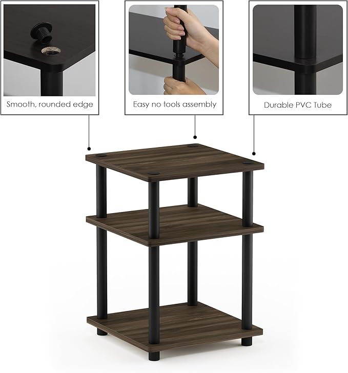 Furinno TURN-N-TUBE Side Table, 3-Tier End Table, Open Shelves Nightstand, Night Stand, Bedside Table, Easy Assembly, for Living Room, Bedroom, Columbia Walnut