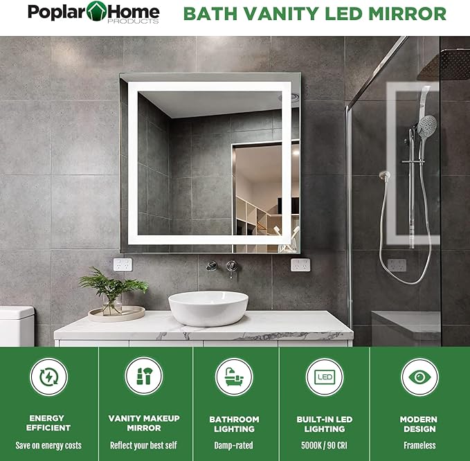 LED Vanity Bathroom Mirror 32 x 32 in. Wall Mounted, Dimmable, Lighted, Anti-Fog Mirror – Modern, Frameless Design