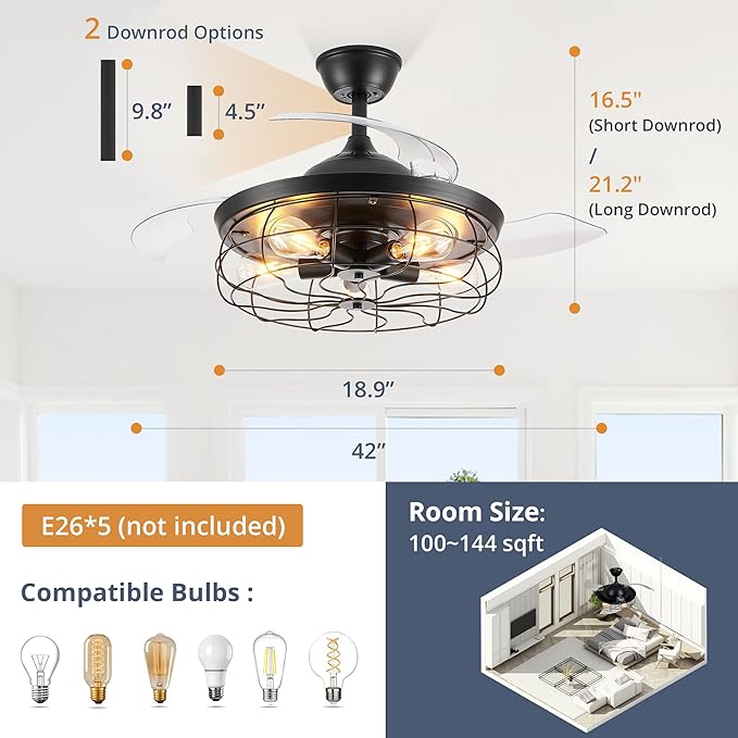 LEDIARY 42" Retractable Ceiling Fans with Lights, Farmhouse Industrial, Caged Fandelier Ceiling Fans with Remote, 6 Wind Speeds,Invisible Blades