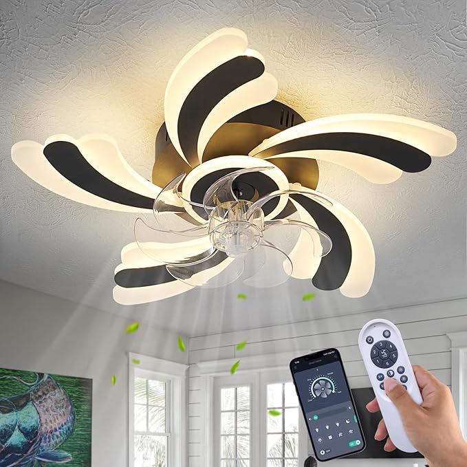 Ceiling Fan with Lights Remote Control, Black Modern Ceiling Fan with Light, 3 Light Color 6 Speeds Low Profile Flush Mount Ceiling Fan for Kitchen Bedroom Living Room