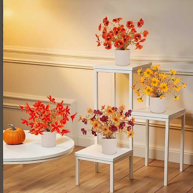 Fake Potted Plants 8pcs, Artificial Fall Flowers with Vase, Autumn Harvest Decoration for Home Indoor Outdoor, Table Plants Farmhouse Decor for Kitchen, Bedroom, Living Room, Bathroom