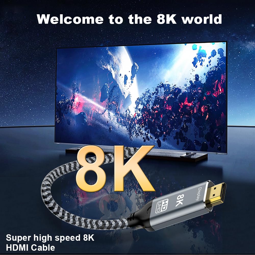 2.1 3.3FT, 8K@60Hz 4K@144Hz 3/4 15, 2.3 HDR10, 48Gbps S22, USB C to HDMI Cable Thunderbolt Compatible with MacBook