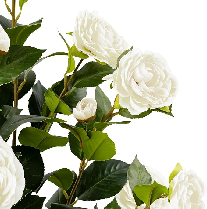 Artificial Camellia Tree 2 Pack, Artificial Plants Outdoor Faux Floral Plant in Cement Pot Fake White Silk Camellia Tree Plants for Home House Living Room Office Decor (White)