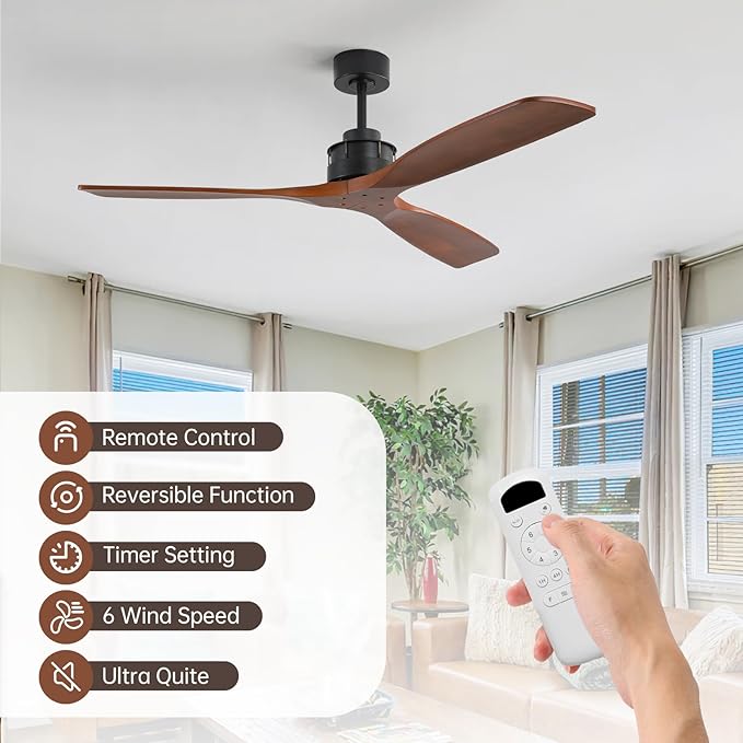 Sofucor 60 Inch Ceiling Fan No Light, Indoor/Outdoor Ceiling Fans Without Lights Remote Control, Reversible DC Motor, 6 Speed, Timer, 3 Blade Solid Wood Ceiling Fans for Bedroom Patio Farmhouse