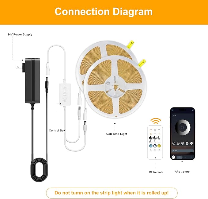 COB LED Strip Lights Warm White,24V Dimmable led Light Strip KIT with Remote and app Control,2700K 65FT/20m 8mm Wide Ra>90 Cuttable Flexible Strip Lights for Bedroom,Shelf,Cabinet