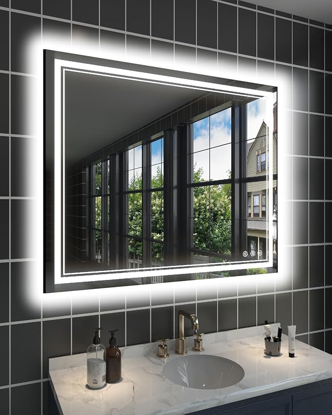 48x40 Light Up Bathroom Mirror, Rectangular LED Bathroom Vanity Mirror for Wall with Backlit & 2 Front Lights Triple Brightness, Dimmable 3 Colors, Anti-Fog and Memory Function for Restroom, Bedroom
