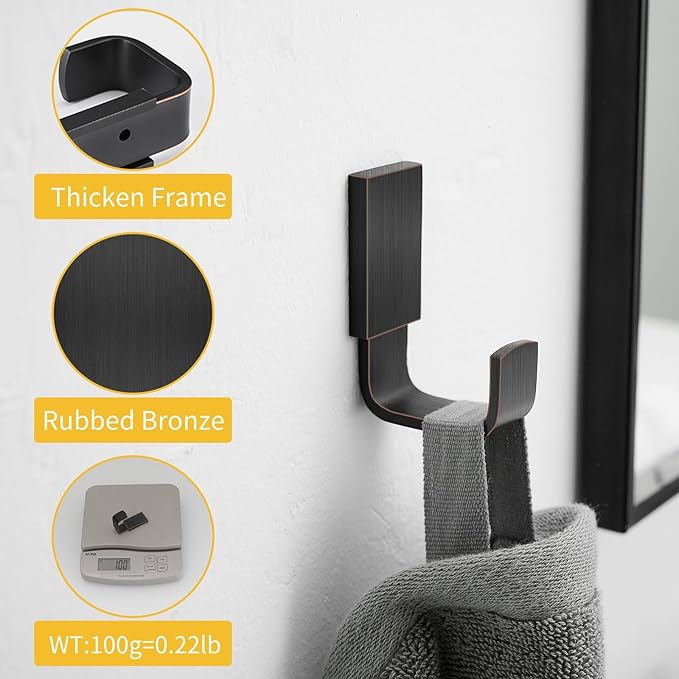 BESy Brass Clothes Hook Single Towel Hook for Bathroom Kitchen Garage Square Style Robe Hooks Coat and Hat Hook, Self Adhesive with Glue or Wall Mounted with Screws, Two Packs, Oil Rubbed Bronze