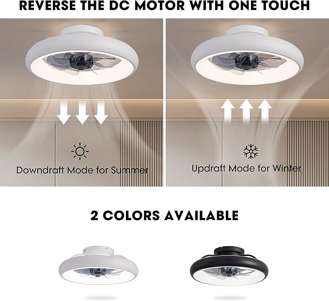 Ceiling Fans with Lights and Remote, 15'' Low Profile Flush Mount Ceiling Fan with Lights, 6 Wind Speeds, Modern Dimmable LED Ceiling Fan, Smart Ceiling Fan for Bedroom, Kids Room (White)