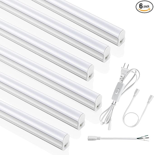(6 Pack) 4FT T5 LED Integrated Fixture, 6500K,20W,2300LM(Super Bright White) Linkable LED Shop Light,Garage Ceiling and Cabinet Light,Strip Light,Corded Electric with ON/Off Switch