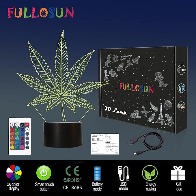 FULLOSUN 3D Night Light, 3D Illusion Lamp with Remote Control 16 Colors Changing Table Desk Bedroom Decor Optical Home Room Store Decoration