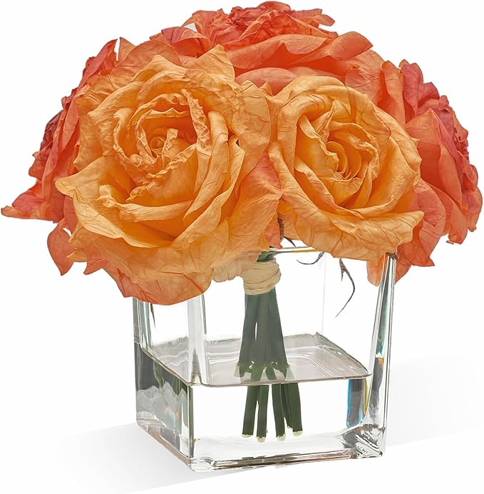 WELL KNOWN Rose Artificial Flowers in Vase with Faux Water, Silk Rose Table Centerpieces for Home Coffee Table Decor, Fake Roses Flower Arrangements for Office Hotel Lavatory Decor (Burnt Orange)