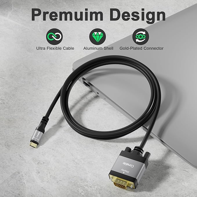 USB C to VGA Cable 10 FT, USB Type-C to VGA Adapter Cord, (Thunderbolt 3/4) Compatible with iPhone 17/16/15 Series, MacBook Pro/Air, iPad Pro, iMac, Galaxy S24, XPS, Surface Book 3 and More, Black