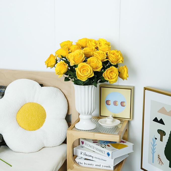 Ouddy Decor 20 Pcs Fake Yellow Roses Artificial Silk Flowers with Long Stems for Valentines Day Decor Wedding Home Party Table Centerpieces Bridal Bouquet DIY Floral Arrangment