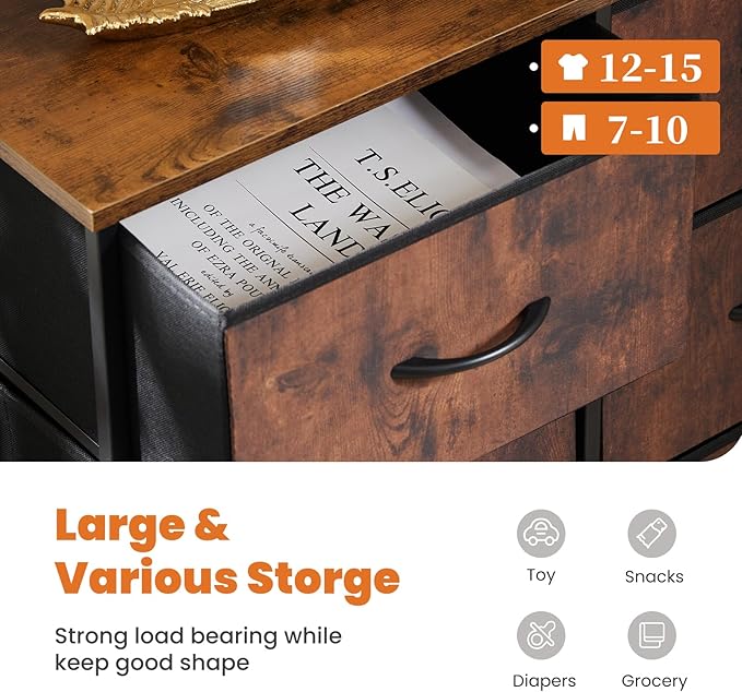 Sweetcrispy Dresser for Bedroom with 8 Storage Drawers, Large Fabric Storage Tower Organizer, Chest of Drawers with Metal Frame Wooden Top for Nursery, Closet, Living Room, Entryway, Rust Brown