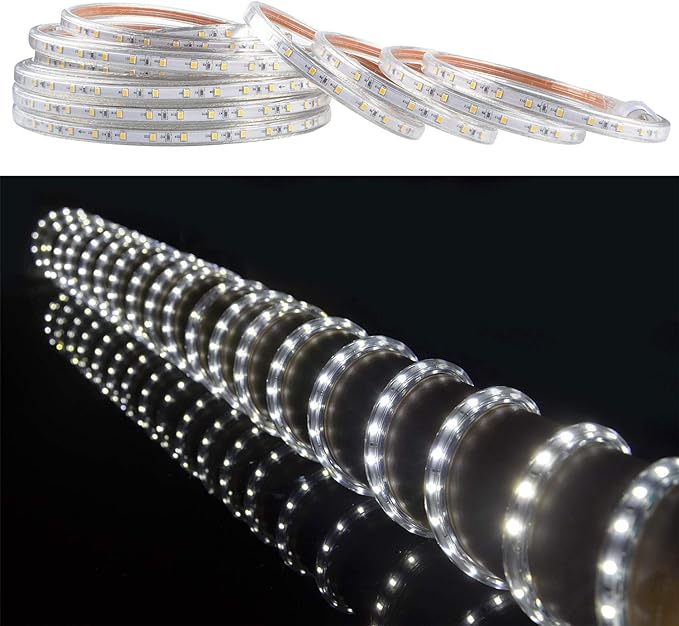 SURNIE 50ft LED Rope Lights Outdoor Waterproof, 110V Flexible Daylight White Bright Lighting Cuttable Connectable, Cool Clear Flat Strip Light 6000K for Outside Deck Patio Camping Decor, Not Tube Rope