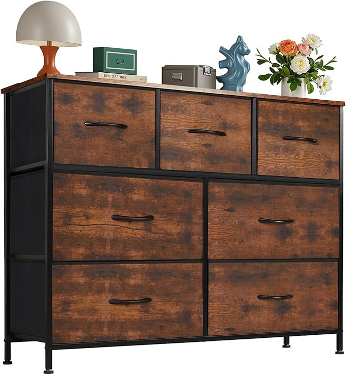 OLIXIS 7 Drawers Dresser for Bedroom, Fabric Storage Tower for Living Room, Entryway - Sturdy Steel Frame, Wooden Top & Easy Pull Fabric Bins, Closet Chests Organizer for Clothes, Classic Rust Brown