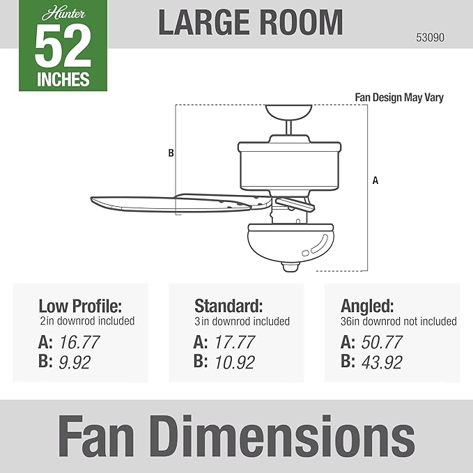 Hunter 52 inch Indoor Ceiling Fan with LED Light - Ceiling Fan with Pull Chain, For Bedroom or Living Room, Standard Mount, No Remote, 5 Blades, Includes Bulbs - Builder Deluxe 53090, Brushed Nickel
