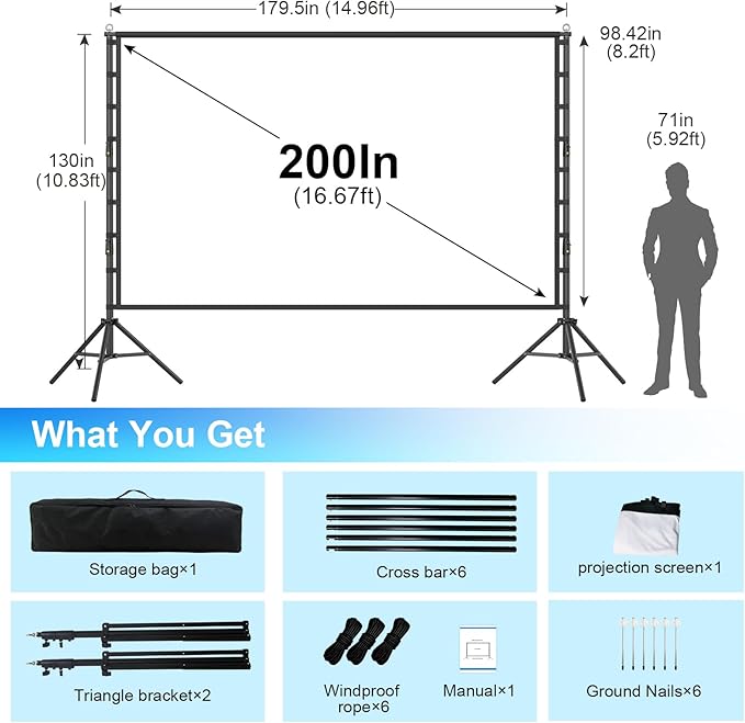 200inch Outdoor Projector Screen with Stand,XINLEMY Big Portable Projection Screen,16:9 4K HD Wrinkle-Free Rear Front Movie Screen with Carry Bag for Backyard Night RVing Home Theater