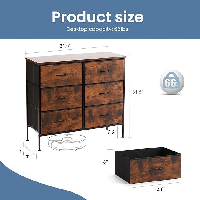 DUMOS TV Stand for Living Room, Dresser for Bedroom Chest of Dresser with 6 Fabric Drawers Storage Organizers Units, Nightstand for Bed