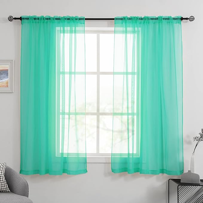 HUTO Window Sheer Turquoise Curtains for Bedroom Rod Pocket Voile Sheer Drapes for Living Room 2 Panels Curtains Each is 52 inches Wide by 63 inches Long