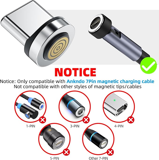 Ankndo Magnetic Connector Tip Heads [4-Pack] USB C Magnetic Adapter Compatible with 7Pin Magnetic Charging Cable 360° Rotating Strong Magnetic Phone Cable Adapter for Type C Device