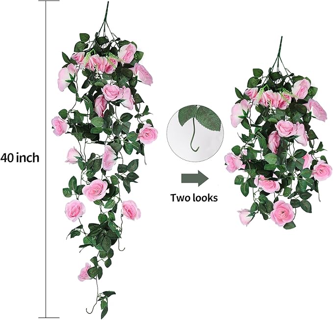 RECUTMS Hanging Flowers Artificial Rose Flower 2PCS 3.3Ft for Outdoors with 30 LED Fairy String Lights Fake Outdoor (Pink)