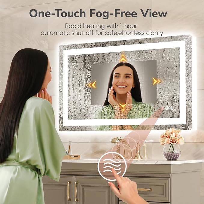 USHOWER LED Bathroom Mirror 40x24 Inch with Lights - Frameless Tempered Glass LED Backlit Lighted Mirror for Bathroom Vanity with Anti-Fog, 3 Colors Dimmable, Memory Function, Wall-Mounted