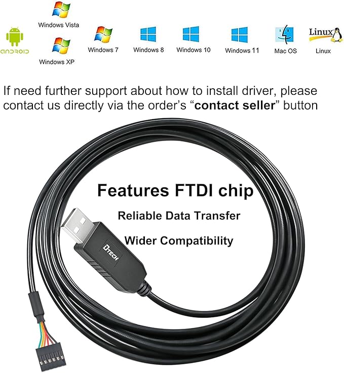 DTECH 3ft USB to TTL Serial Cable 5V 6 Pin Genuine FTDI FT232RL Chip UART Adapter Debug Cord Compatible with Windows 11 10 8 7 Linux MAC OS 6Pin 5 V Level Signal 2.54mm Dupont Female Header