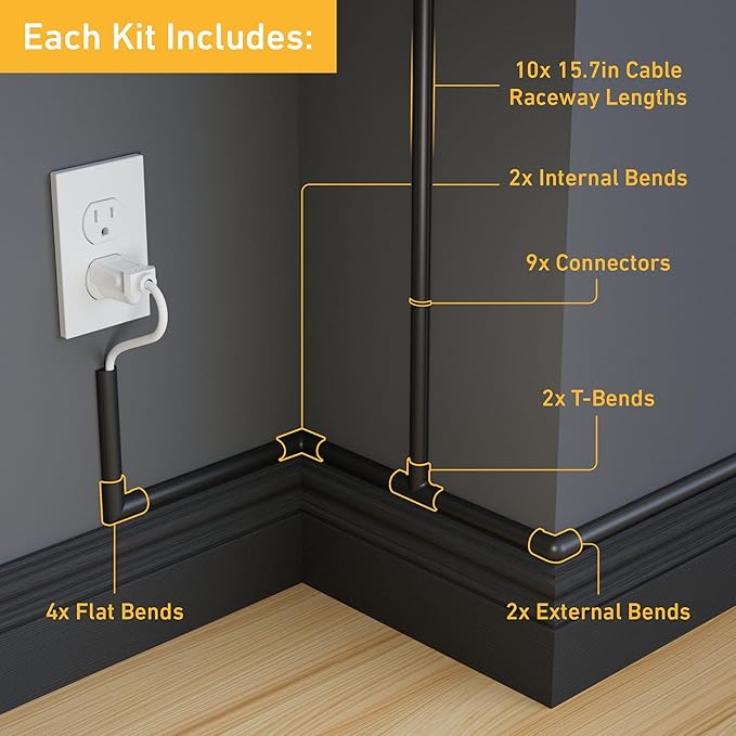 D-Line 157in Cord Hider Kit, Patented Cable Cover, Hide Wires on Wall, Channel for TV Mount Cords, Raceway Wire Hiders, Paintable, Adhesive, Half Round, 10x 0.78in W x 0.39in H x 15.7in L, Black