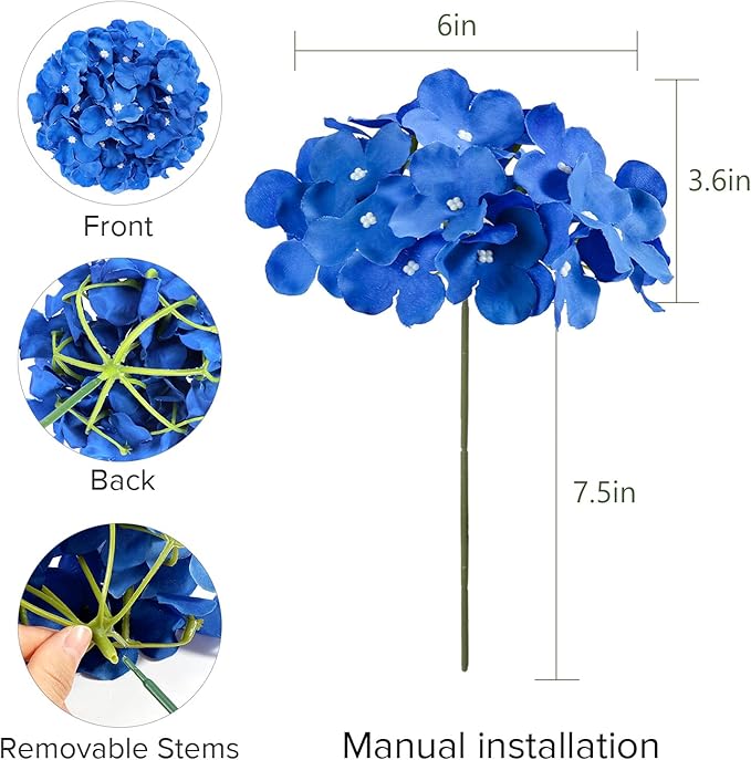 Auihiay 64PCS Royal Blue Hydrangea Artificial Flowers, Silk Hydrangea Heads with Stems, Fake Flowers for DIY Wedding Centerpiece, Home, Party, Baby Shower, Garden Decoration