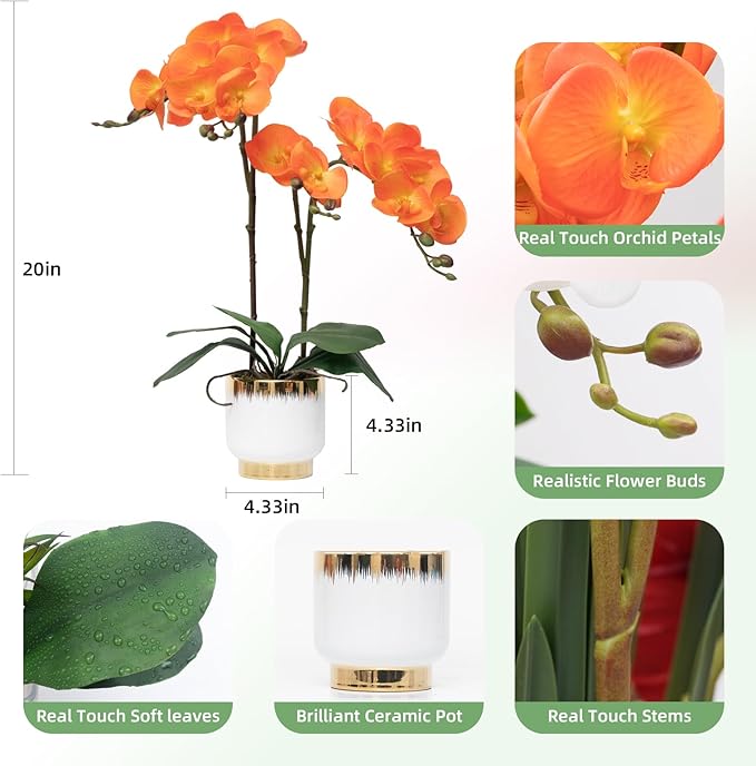 CXGS Orchids Artificial Flowers Real Touch Fake Flowers in Ceramic Pot 20" Orange Faux Orchid Plant Lifelike Silk Phalaenopsis for Centerpiece Hotel Home Indoor Decor